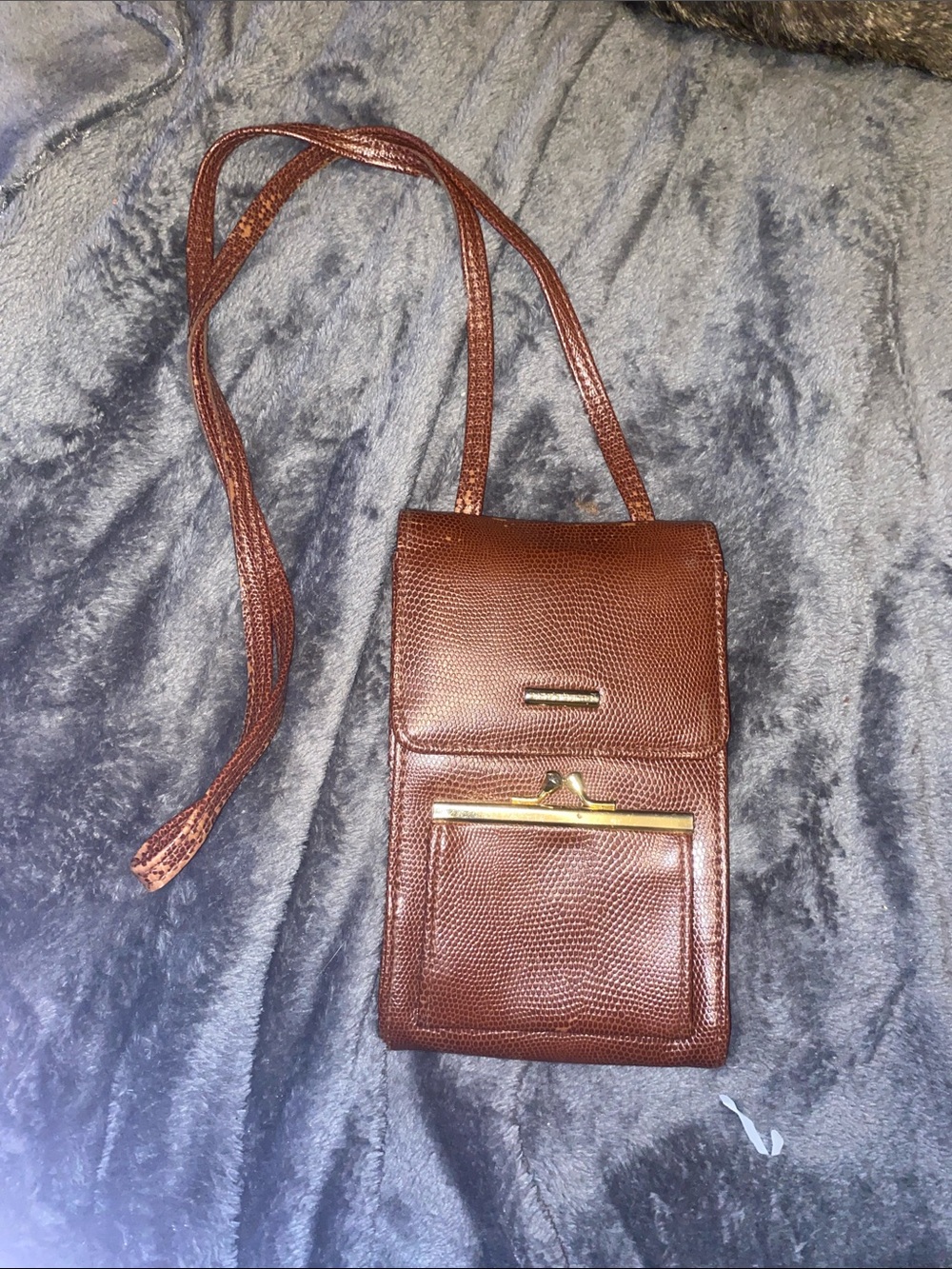Liz Claiborne Dark Brown Textured Faux Leather Crossbody with Gold-Tone Trim
